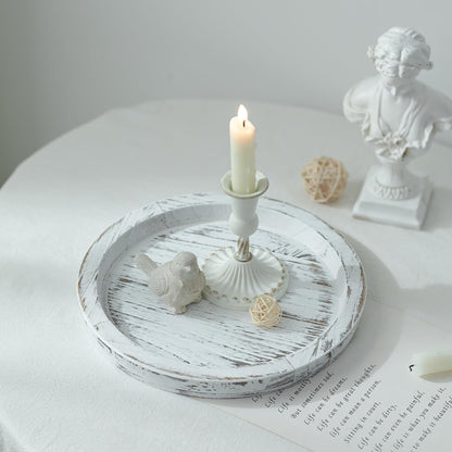 Hanobe Candle Plate Holder Tray: Round White Wood Decorative Tray Decor - Rustic Farmhouse CoffeeTable Decor - Tealight Pillar Trays for Home Decor