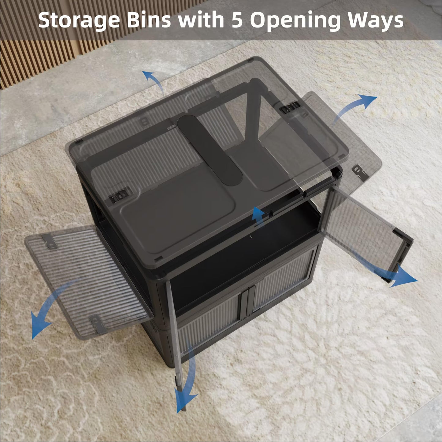 506QT 4-Pack Transparent Stackable Storage Bins with 5 Doors to Open with Wheels, Folding Plastic Craft Containers Large Closet Organizers Box for Bedrooms Living Rooms Study, Black