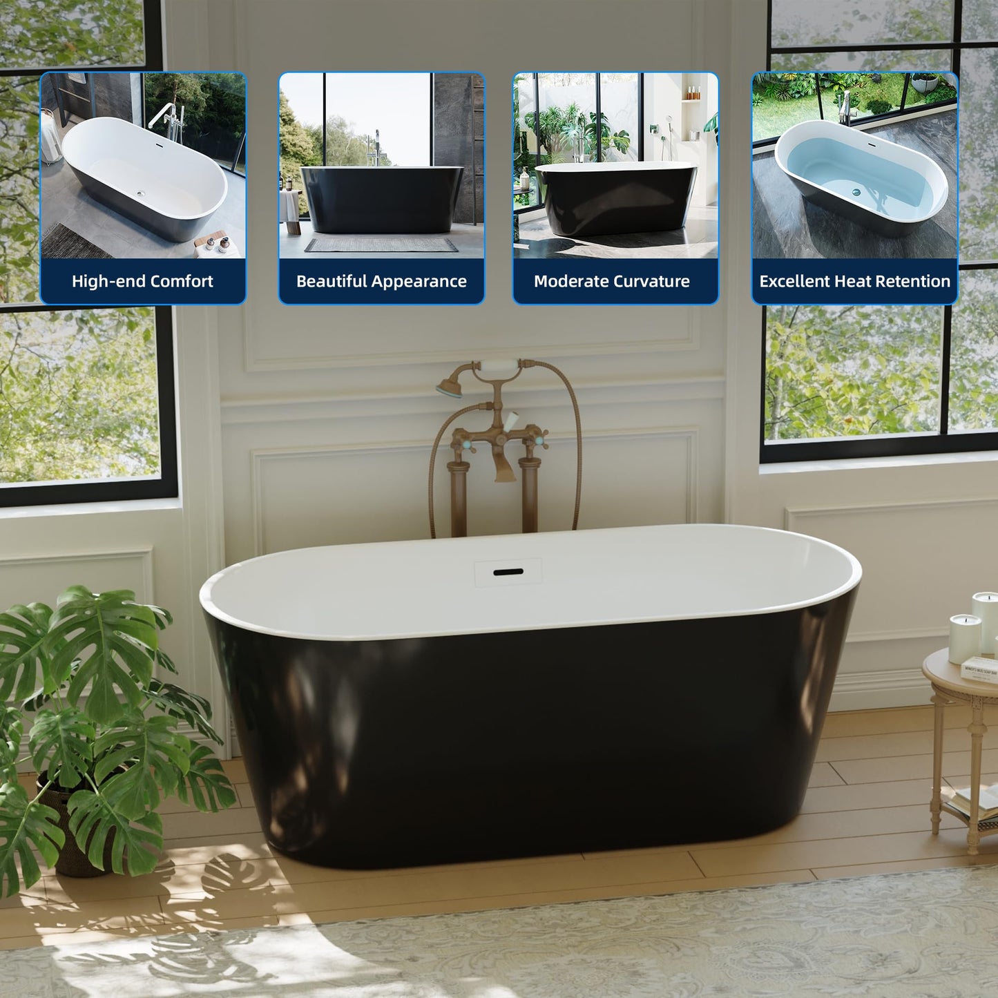 59" Free Standing Tub, Acrylic Soaking Bathtub, Stand Alone Freestanding Tub with Matte Sliver Drain and Overflow, Contemporary Bathtub for Bathroom, Black