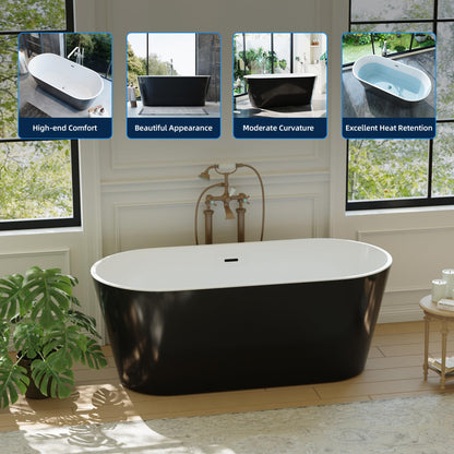 59" Free Standing Tub, Acrylic Soaking Bathtub, Stand Alone Freestanding Tub with Matte Sliver Drain and Overflow, Contemporary Bathtub for Bathroom, Black