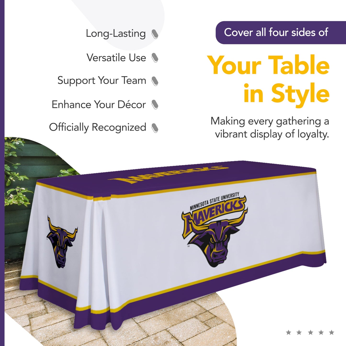 Victory Corps Minnesota State Mavericks College Sports Printed Table Throw - NCAA Licensed - Polyester - School Tablecloth (White, Purple, Yellow) (6' Draped)