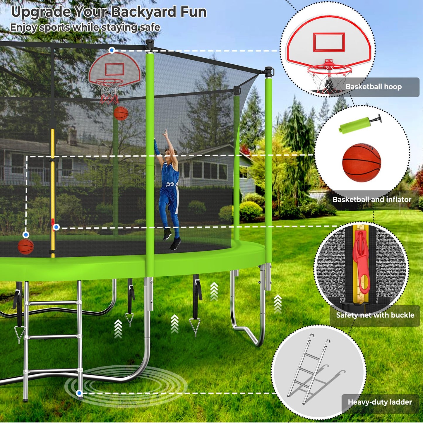 Lyromix Upgraded 12FT Trampoline for Kids and Adults, Large Outdoor Trampoline with Stakes, Light, Sprinkler, Basketball Hoop and Net, Capacity for 5-8 Kids and Adults