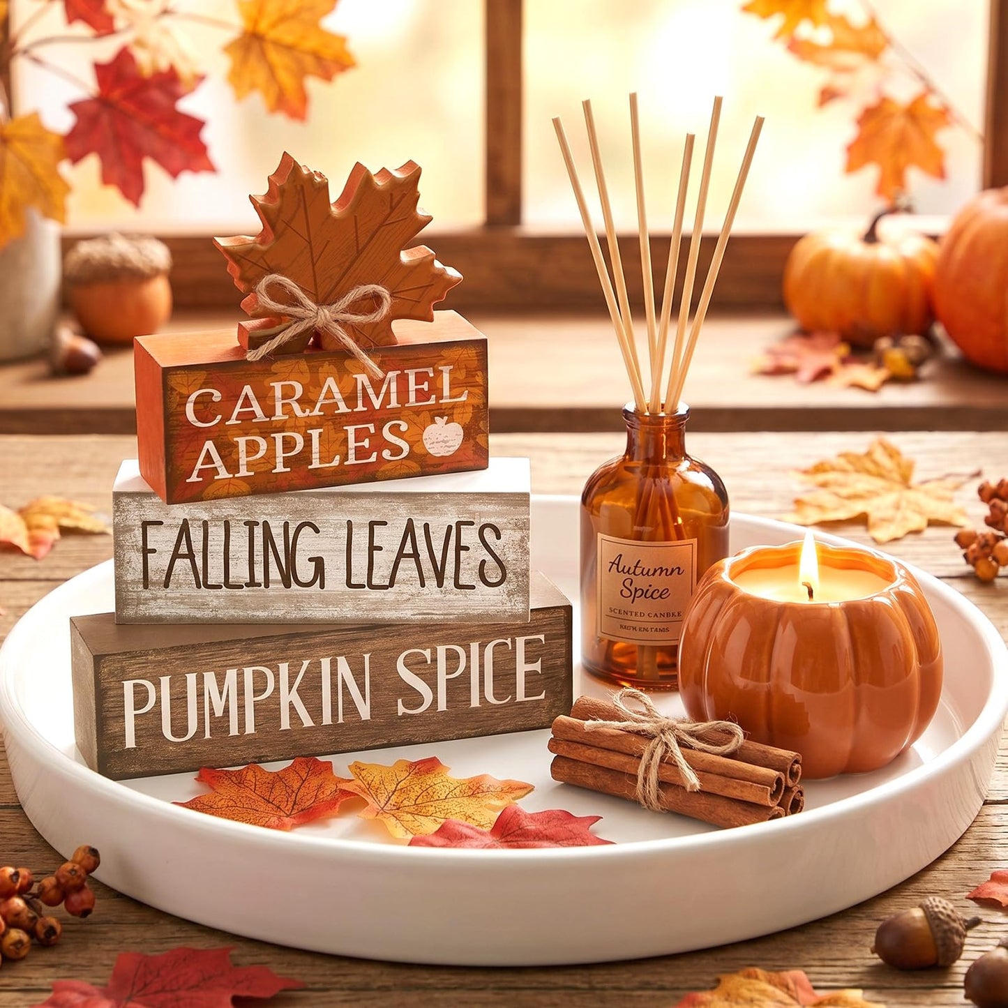 Moucuny 4 Pcs Fall Decor Wooden Maple Leaf Decoration Thanksgiving Tiered Tray Decor Rustic Wooden Maple Leaf Block Signs Thanksgiving Table Centerpiece Farmhouse for Autumn Harvest Party Kitchen Home