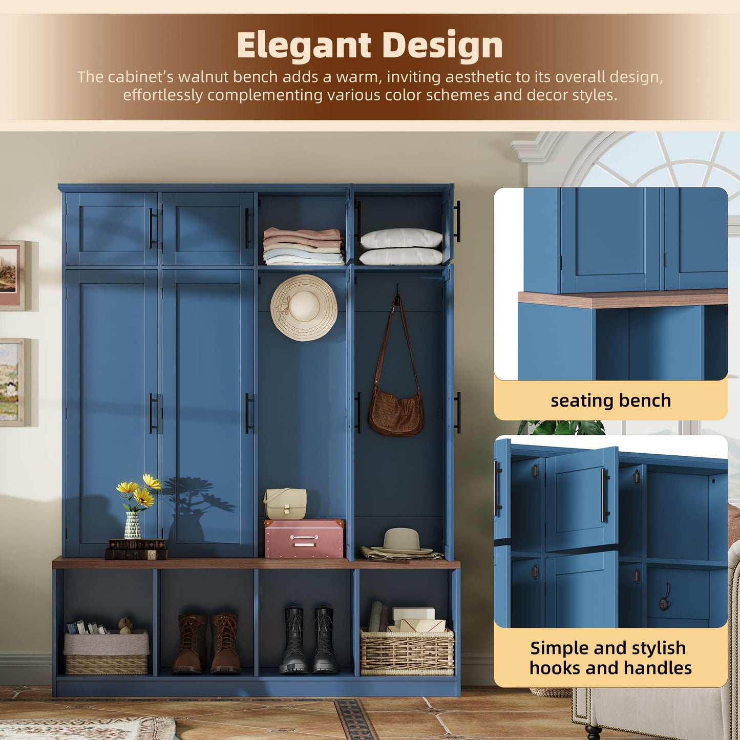 Hall Tree with Bench and Shoe Storage Compartments for Entryway, Particle Board Multi-Functional Cabinet with 4 Hanging Hooks, Blue
