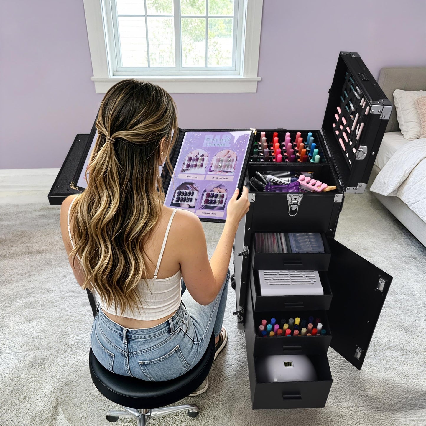 BYOOTIQUE Portable Manicure Table Nail Station Rolling Makeup Case with 4 Drawers Nail Table Storage for Makeup Artist Nail Tech Manicurist, Black, 33" x 16" x 31"