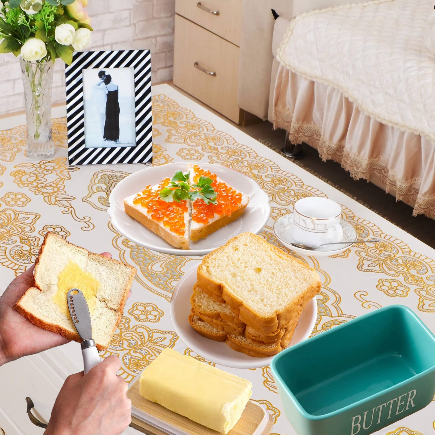Lovelyduo Large Butter Dish with Lid for Countertop Ceramic Butter Container with Knife Holder Spreader Double Silicone Seals Butte Keeper Rectangle Blue