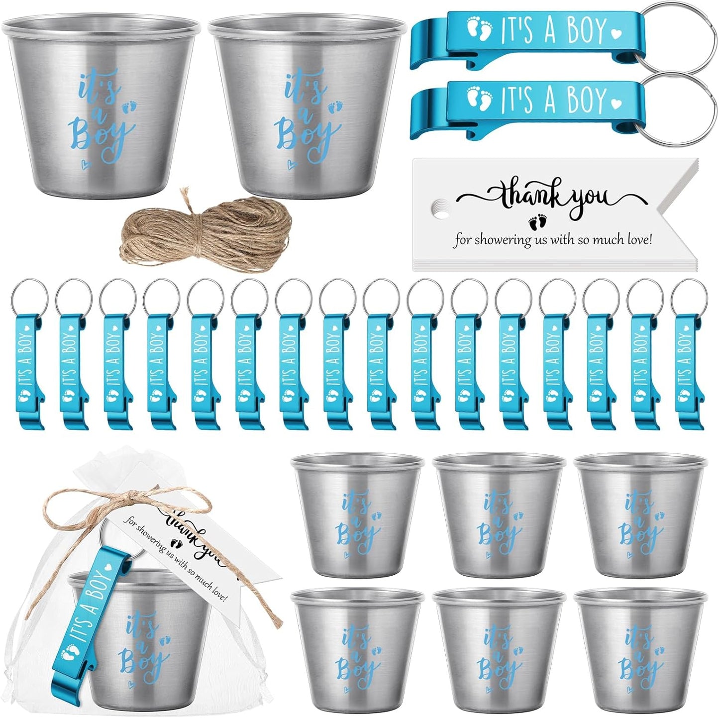 25 Sets 1.5 oz Vesici Baby Shower Favors for Guests Stainless Steel Shot Glasses Cute Bottle Opener Keychains Thank You