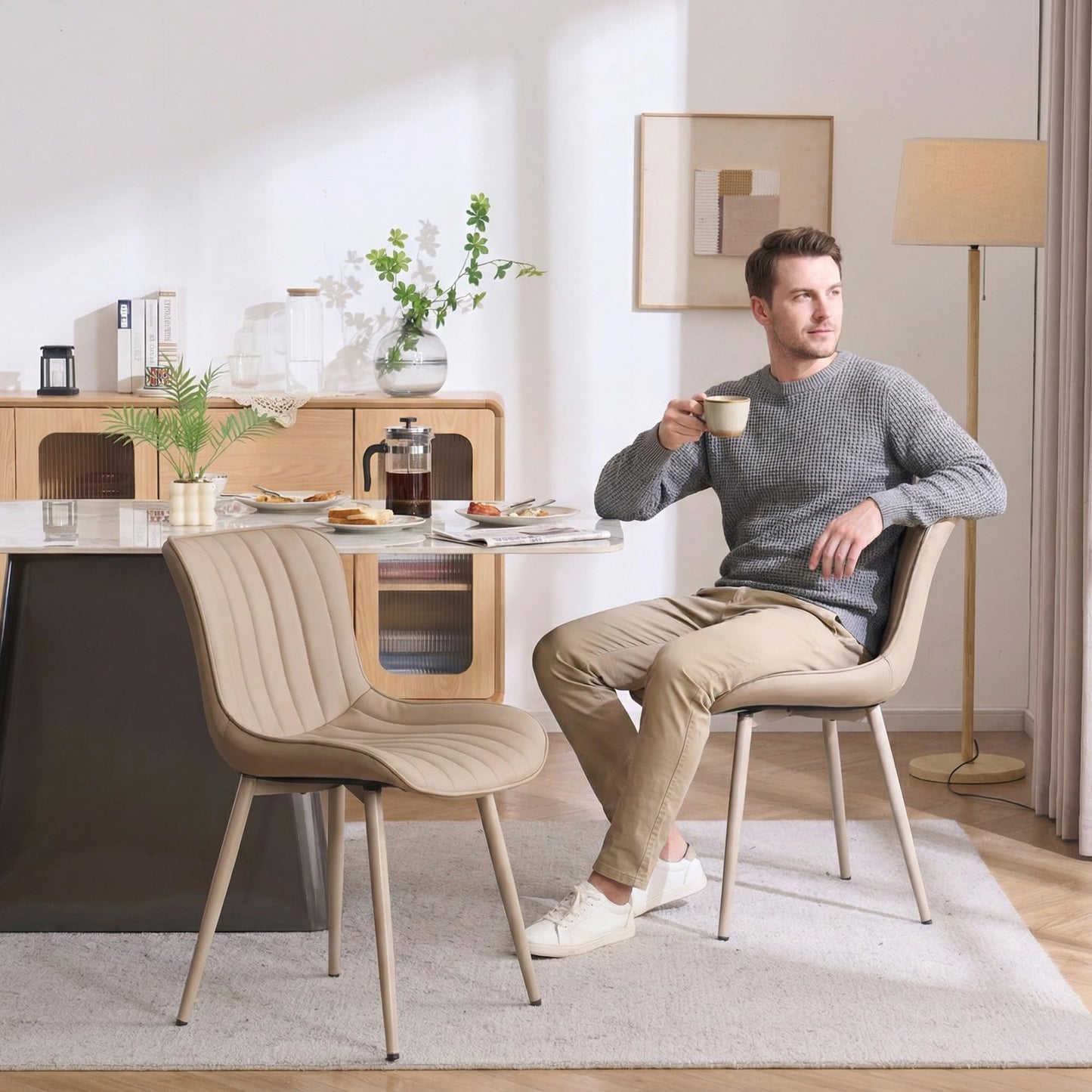 YOUNUOKE Mid-Century Modern Dining Chairs Set of 2, Khaki PU Leather Upholstered Kitchen Chairs with Khaki Metal Legs, Armless Accent Chair for Dining Room, Guest Reception Room
