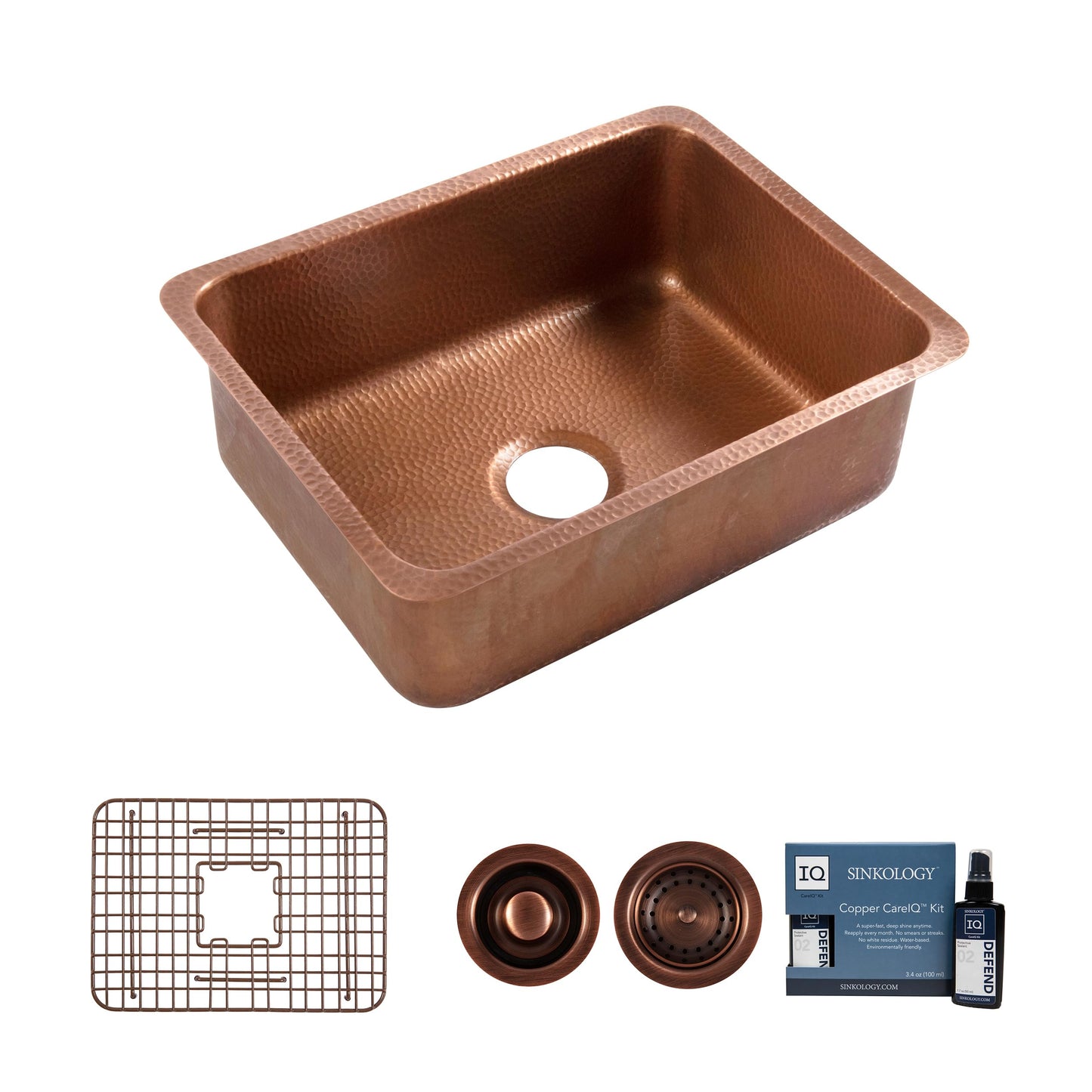 Sinkology Orwell 23-Inch Handcrafted Copper Undermount Kitchen Sink - Single Bowl Deep Sink with Sound Dampening, Complete Kit with Bottom Grid, Dual Drains and CareIQ, Fits 26-Inch Cabinet