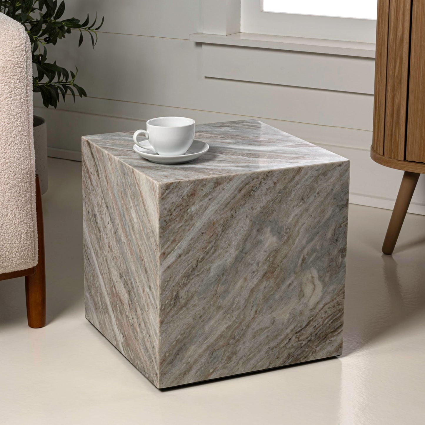 JONATHAN Y Felix 15" Solid Marble Cube End Table, Natural Stone Square Block Side Table for Living Room, Modern Glossy Pedestal Accent Table, Fully Assembled MTB1101A