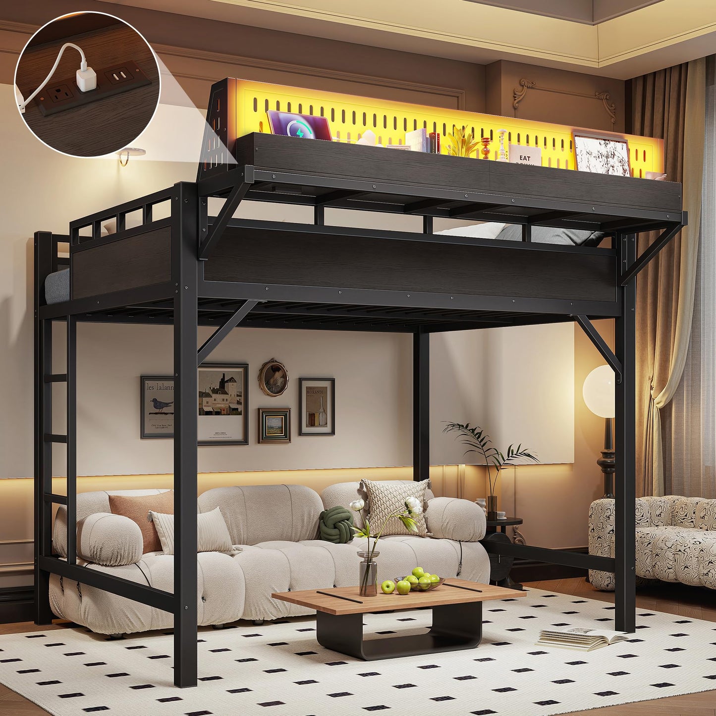 KEIKI Full Size Metal Loft Bed with Storage Shelves & Pegboard, Heavy Duty Loft Bed Frame with USB Ports and LED Lights for Teens Adults Apartments Guest Rooms & Modern Small Spaces