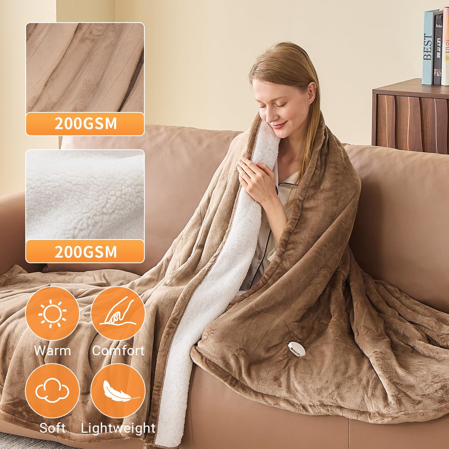 Electric Heated Blanket Queen Size 84''x90'' Soft Flannel & Sherpa Electric Blanket with 10 Heating Levels, Automatically Shut Down After 8h with Overheat Protection Machine Washable