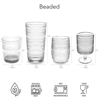 Abode Homewares Beaded 16 oz Durable Acrylic Jumbo Drinking Glasses, Shatter-Resistant and Dishwasher-Safe Indoor/Outdoor Drinkware for Water, Iced Tea, Juice, and Cocktails - Sea Green - Set of 6