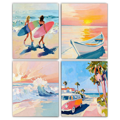 XUNLURY Pastel Ocean Beach Diamond Art Kits 4 Pcs, Summer Beach Surfer Girls Sunset Diamond Painting Kits for Adults Beginners, Full Drill Diamonds Dots for Home Decor, 9.8x11.8 Inch