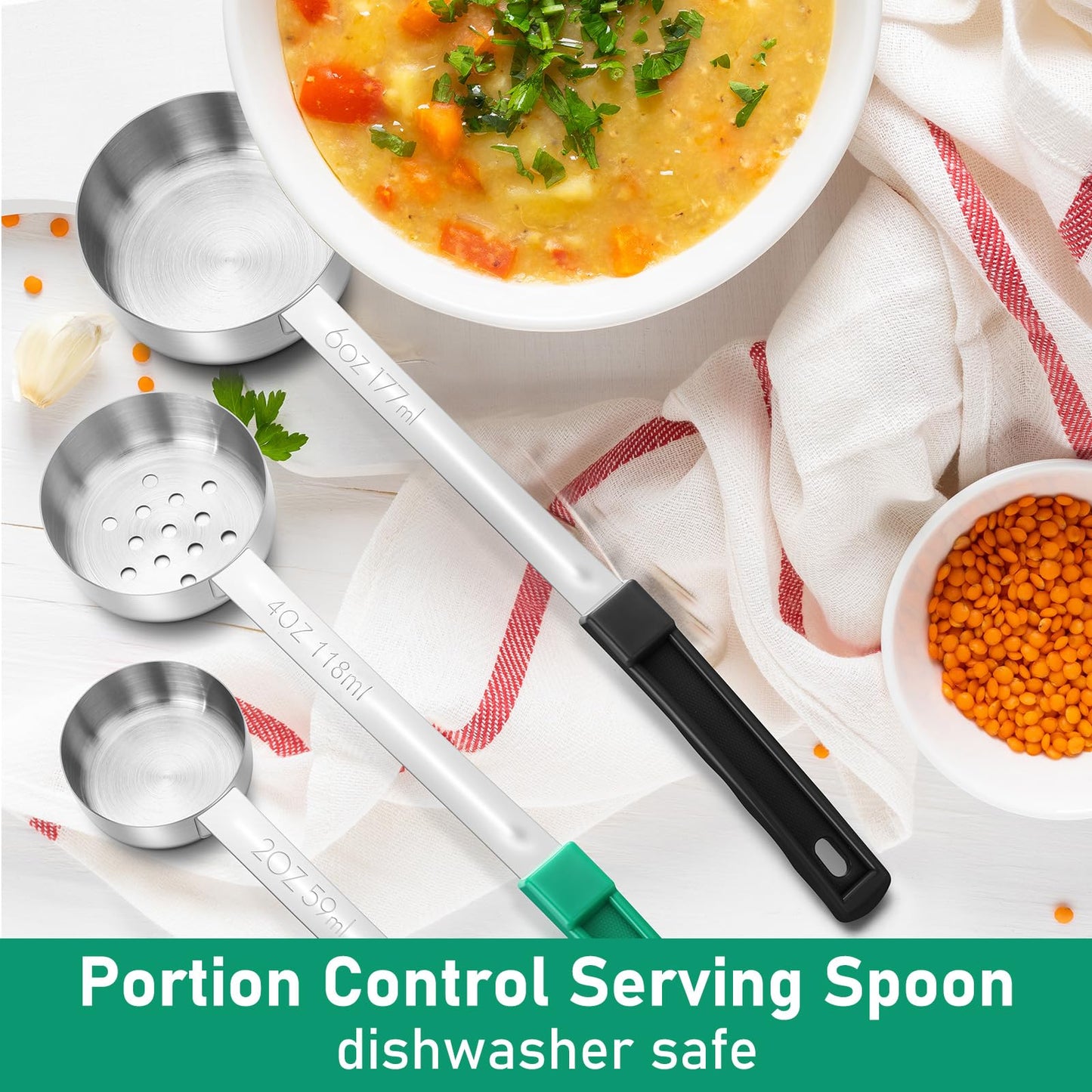 Reallnaive 6 Pcs Portion Control Serving Spoons, Restaurant Measuring Serving Ladle Utensils, Portion Control Slotted and Unslotted Scoops for Weight Loss, Kitchen, 3 Size