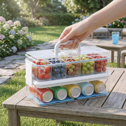 Double-Layer Chilled Portable Snackle Box with 5 Removable Compartments, 4 Ice Packs & Insulated Bag, Keeps Food Chilled or Warm, Extra Layer for Drinks, Fruits & Candy, Dishwasher-Safe for Road Trips