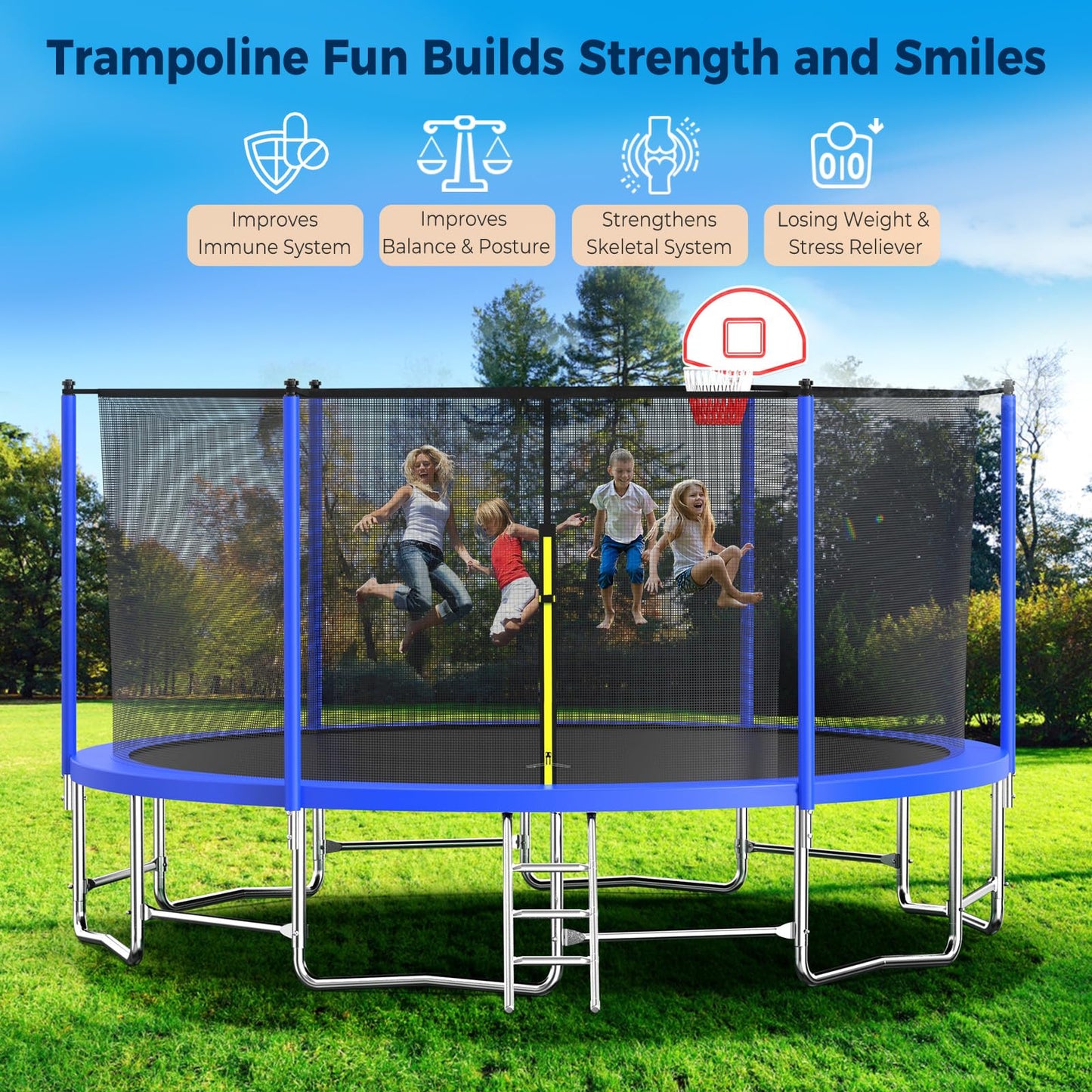 Tatub Upgrade 16FT Trampoline for Kids and Adults, Outdoor Recreational Trampolines with Basketball Hoop & Enclosure Net, Blue