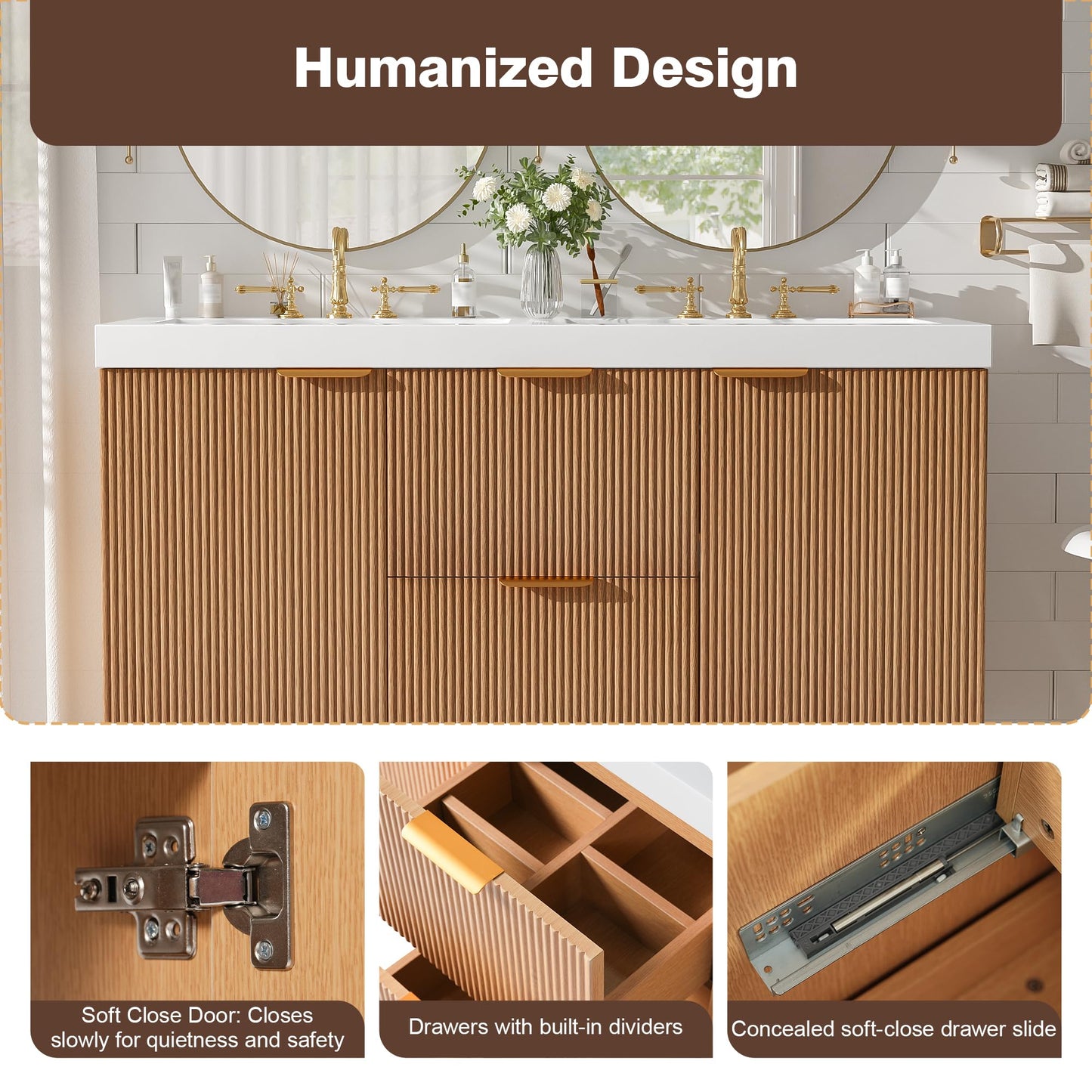 Merax 47.24" Wall-Mounted Double Sink Bathroom Vanity with SMC Countertop, Modern Two Integrated Sinks, Soft-Close Doors & Divided Drawers, Wood Grain Melamine Finish for Shared Bathroom