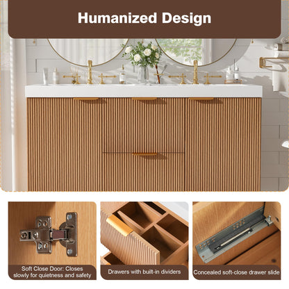 Merax 47.24" Wall-Mounted Double Sink Bathroom Vanity with SMC Countertop, Modern Two Integrated Sinks, Soft-Close Doors & Divided Drawers, Wood Grain Melamine Finish for Shared Bathroom