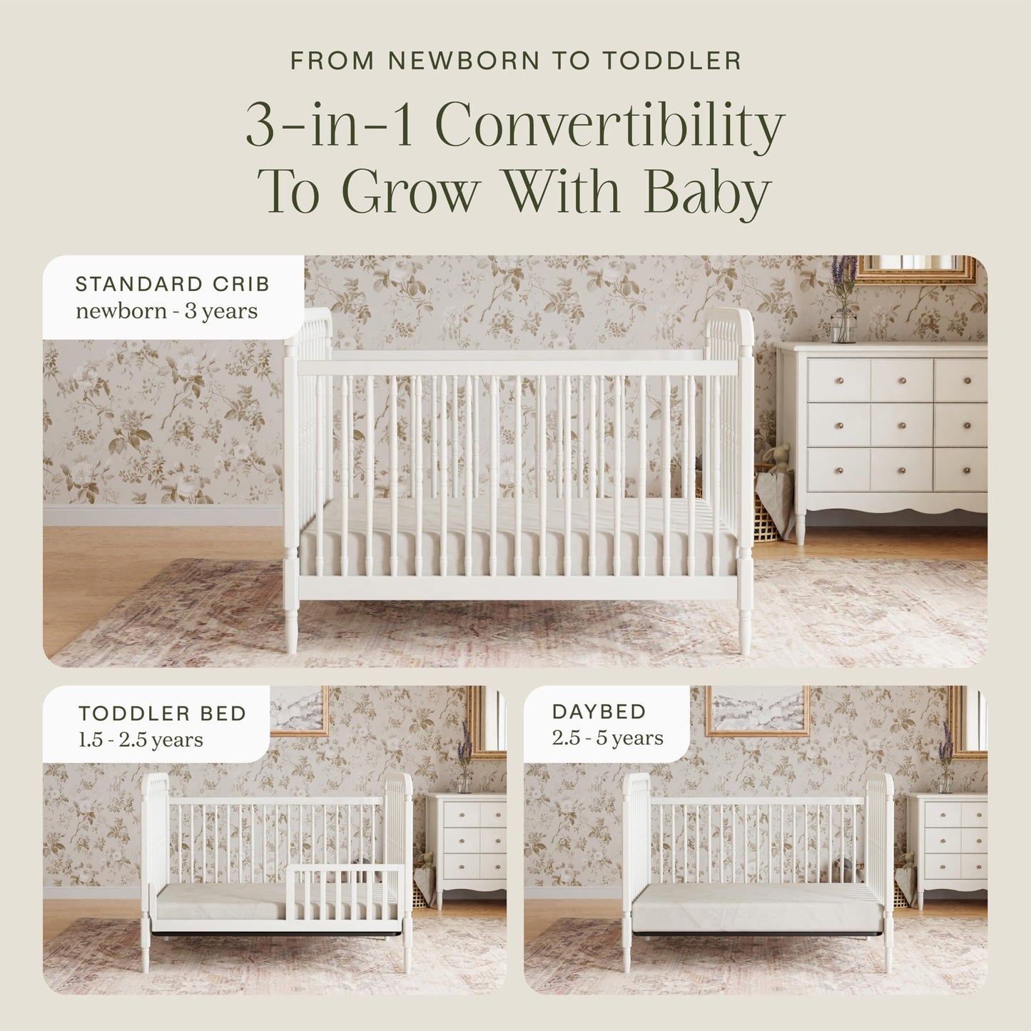 Namesake Liberty 3-in-1 Convertible Baby Crib - Greengurad Gold Certified - Wooden Convertible Baby Crib to Toddler Bed, Daybed - Durable & Easy to Assemble, 4 Adjustable Mattress Heights - Warm White