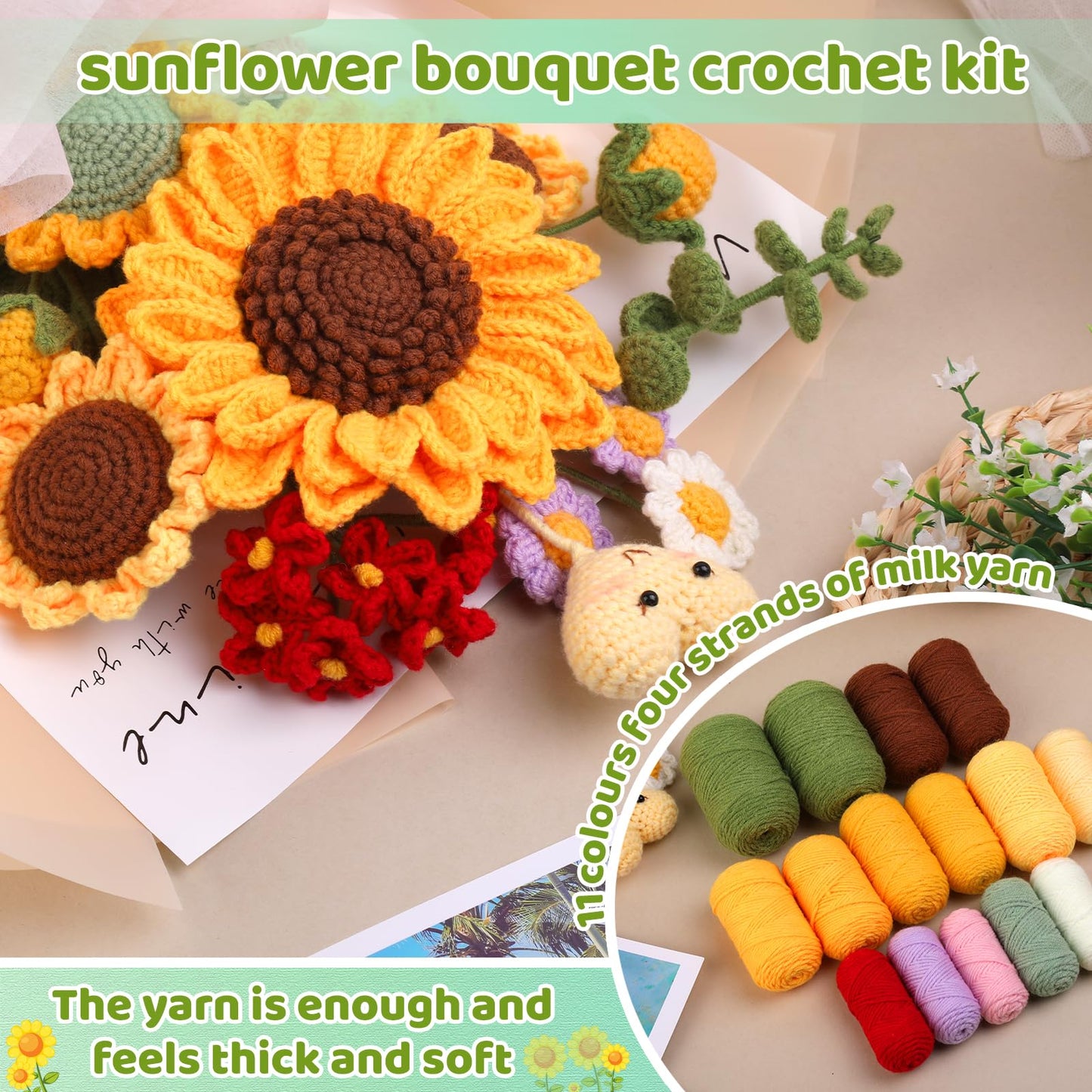 Iuuidu Crochet Kit for Beginners, Sunflower Beginners Crochet Kit, Crochet Flower Bouquet Kit, Knitting Starter Kit for Adults with Step-by-Step Video Tutorials Birthday Wedding Day Present