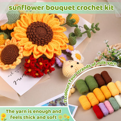 Iuuidu Crochet Kit for Beginners, Sunflower Beginners Crochet Kit, Crochet Flower Bouquet Kit, Knitting Starter Kit for Adults with Step-by-Step Video Tutorials Birthday Wedding Day Present
