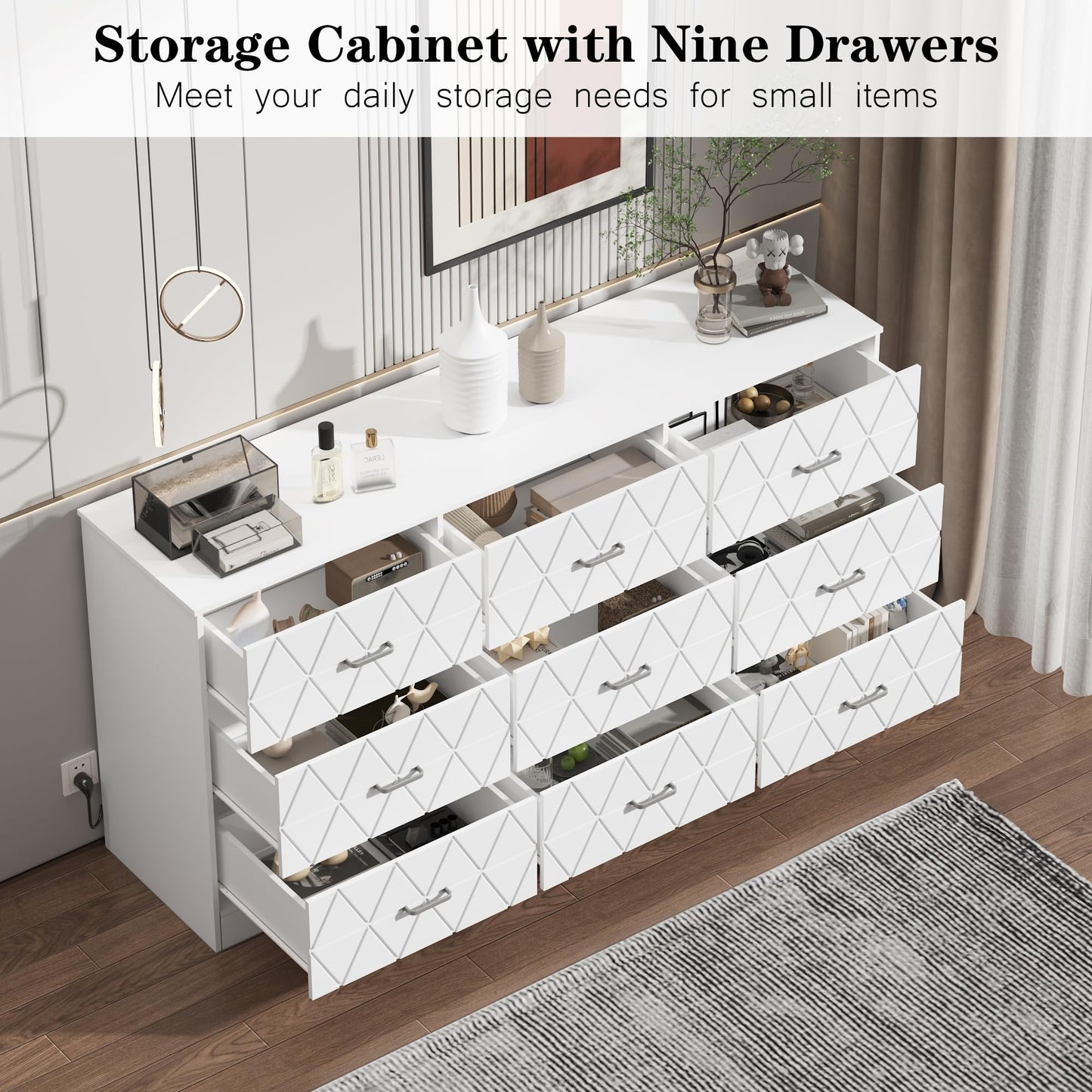 GAOMON 63'' Large Dresser for Bedroom with Power Outlet, 9 Drawers Dresser for Bedroom, Modern Chest of Drawers for Closet, Storage Organizer for Living Room, Hallway, b, Om,