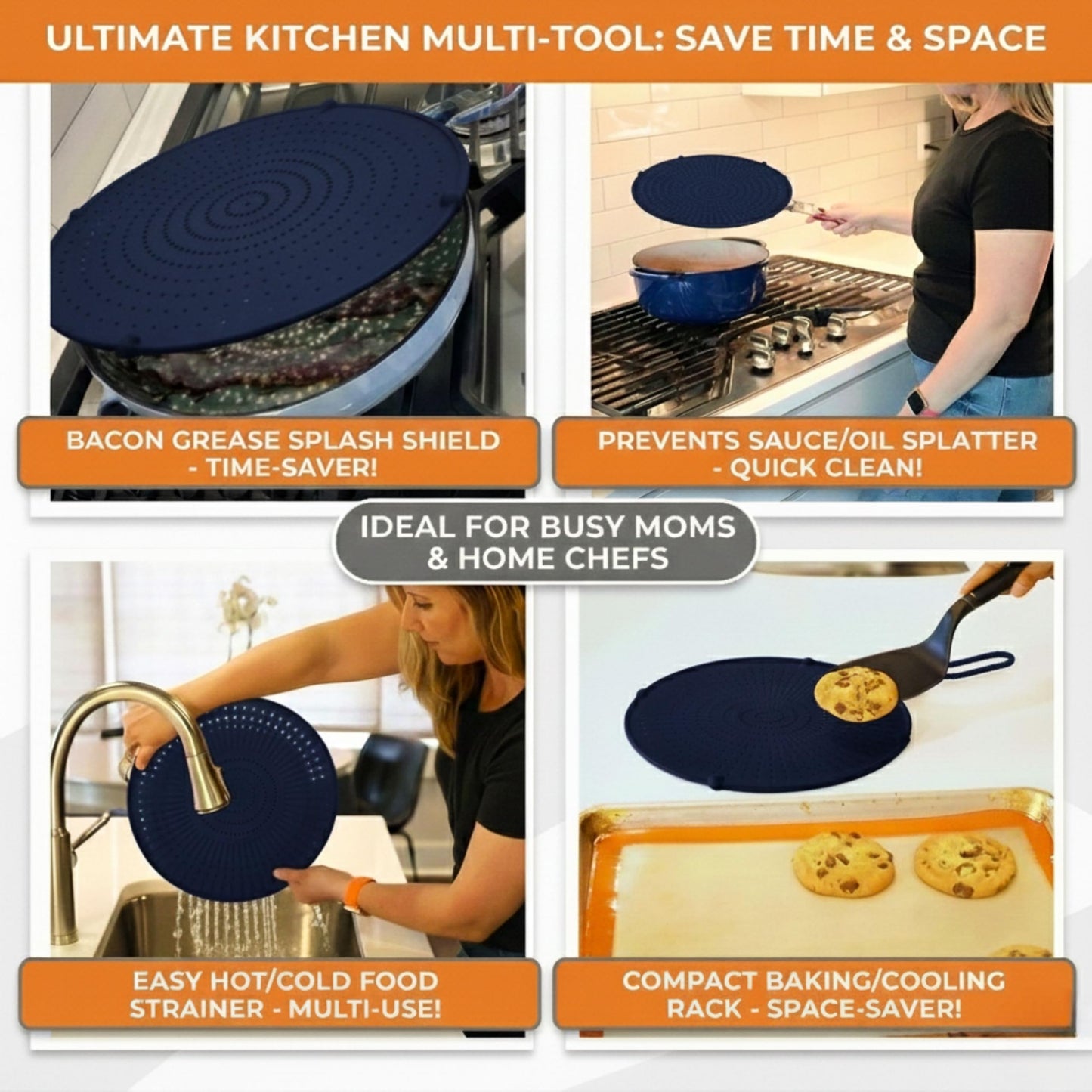 Silicone Splatter Screen for Frying Pan, 13” Navy – Grease & Oil Splatter Guard, Heat Resistant, Dishwasher Safe, Foldable Handle with Sleeves – Splash Guard Fits 10–12” Pans, Most 13” Skillets