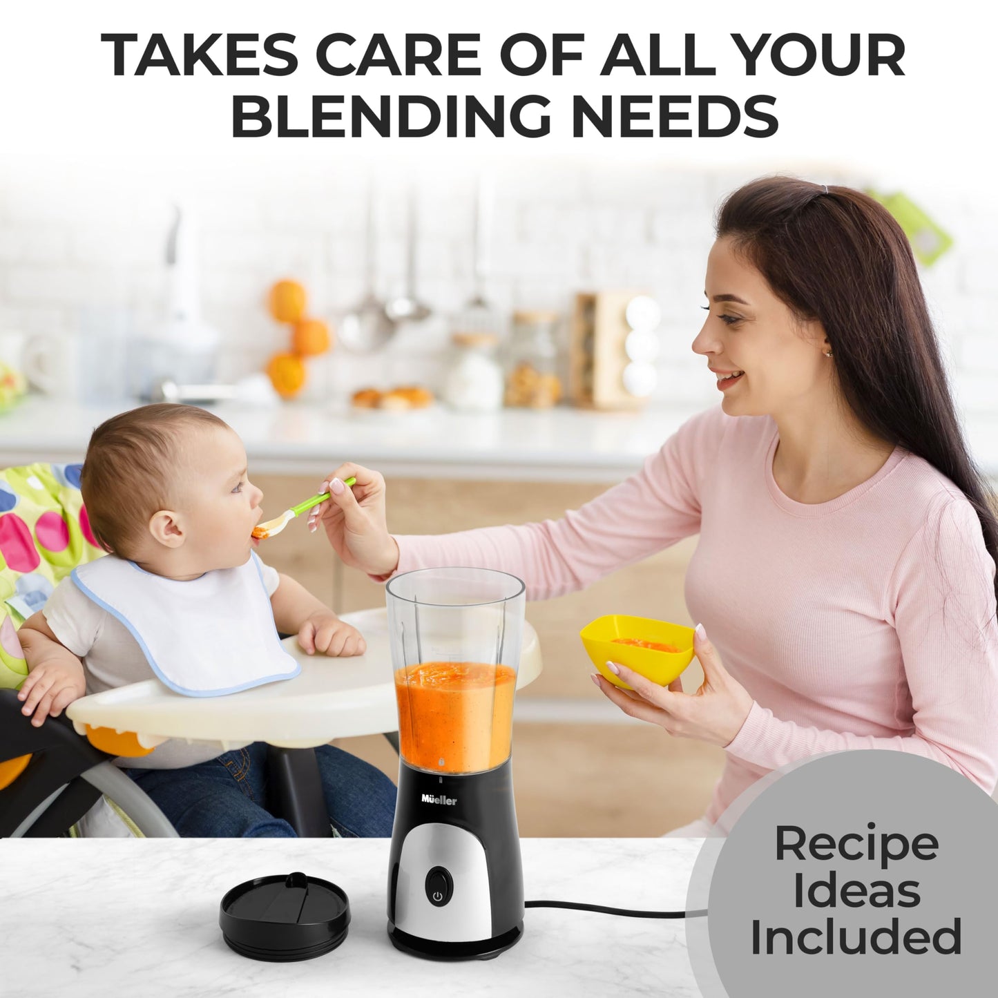 Mueller Smoothie Blender for Smoothies - Personal Blender for Shakes, Frozen Drinks, Baby Food & More, 15oz Travel Cup and Lid, Durable Stainless Steel Blades for Powerful Blending Performance, Black