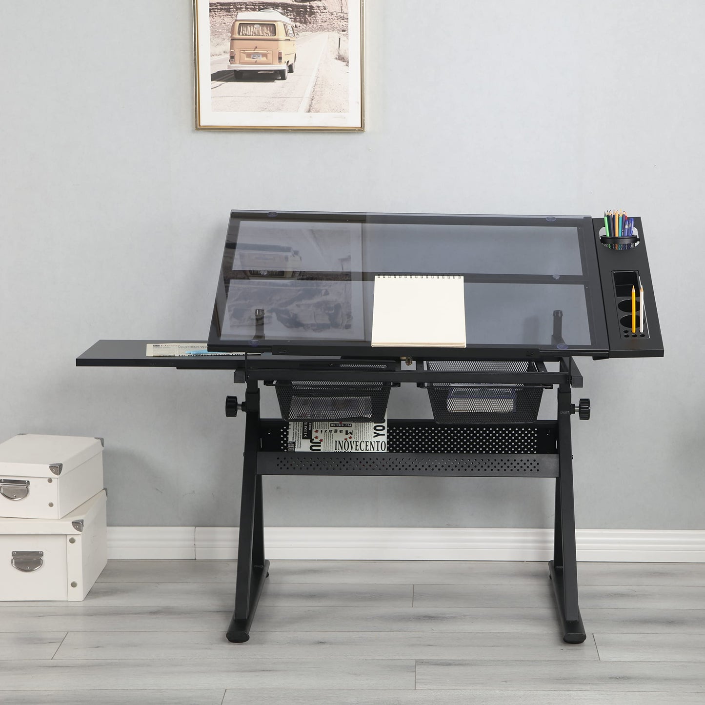 Adjustable Tempered Glass Drafting Table with Chair, Multi-Purpose Writing Desk for Home Office, Standing Desk, Gaming Desk, Computer Desk with Storage, Long Desk for Small Spaces,A1