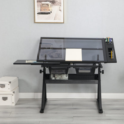 Adjustable Tempered Glass Drafting Table with Chair, Multi-Purpose Writing Desk for Home Office, Standing Desk, Gaming Desk, Computer Desk with Storage, Long Desk for Small Spaces,A1