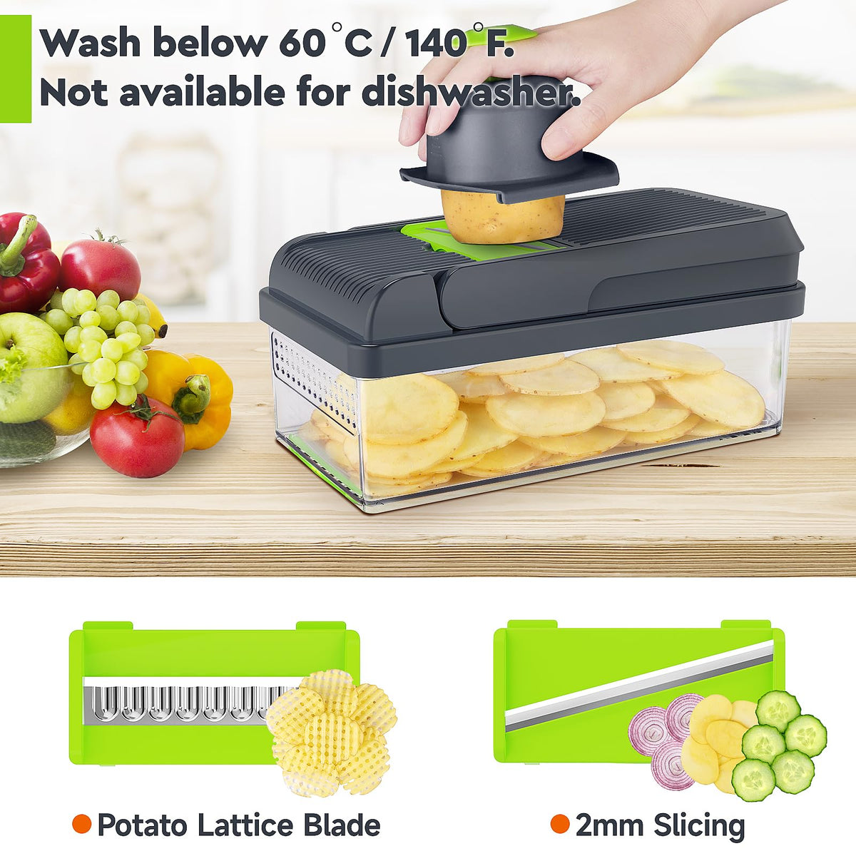 MealHelper 12-in-1 Vegetable Chopper, 7 Blade Veggie Chopper, Practical Food Chopper with Container, Cheese Grater, Home Essentials & Kitchen Gadgets(Green/Grey)