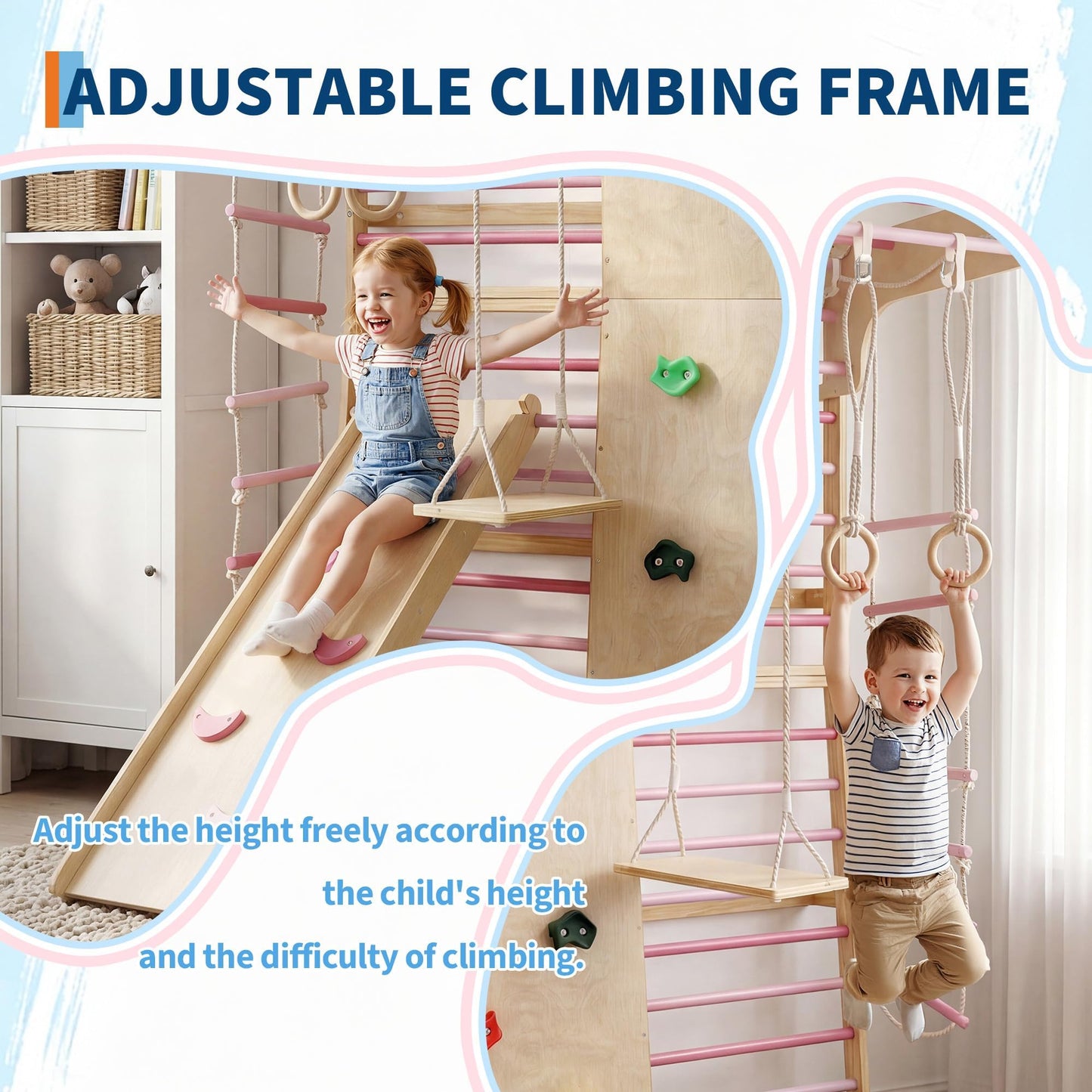 ActiveTrail Multi-Functional Swedish Ladder Wall Gym, 79'' Wooden Wall-Mounted Climbing Set with Slide, Swing, Rope, Rings, Monkey Bars, Indoor Playset for Kids and Adults
