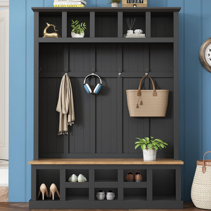 Merax Wood Farmhouse Hall Tree with Storage Entryway Bench, 3-in-1 Coat Racks with 6 Hooks &Shelves for Entrance, Hallway, Mudroom,Black