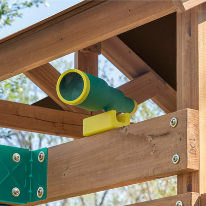 Backyard Discovery Lightning Ridge Cedar Wood Swing Set with Wave Slide, Play Deck, Rock Wall, Sandbox, Belt Swings, Toy Telescope, Steering Wheel, Step Ladder, Outdoor Playset