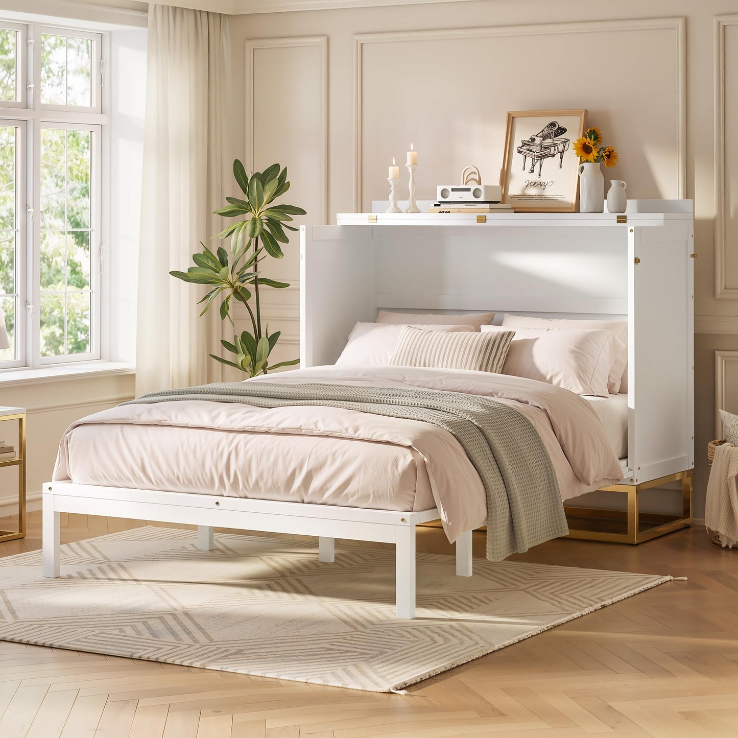 Merax Queen Size Murphy Cabinet Bed, Wood Folding Bed Frame with Wood Doors and Fake Drawers Design, Space-Saving Wall Bed for Guest Room and Home Office