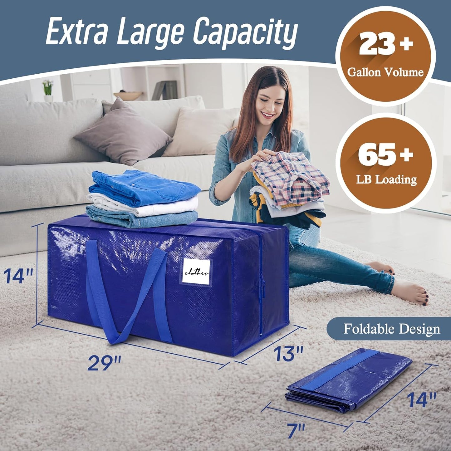 Skiennix Extra Heavy Duty Moving Bags - Large Sturdy Storage Totes with Strong Zipper & Comfortable Handles | 6 Pack, Blue