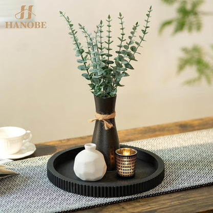12" Hanobe Decorative Tray for Coffee Table: Black Round Centerpiece Tray for Home Decor - Wood Modern Farmhouse Decor