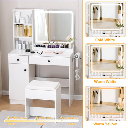 KAMABOKO Vanity Desk with Mirror and Lights, Makeup Vanity Table with Drawers & Shelves, Power Outlet, Dressing Table with Jewelry Storage for Bedroom (007 White)