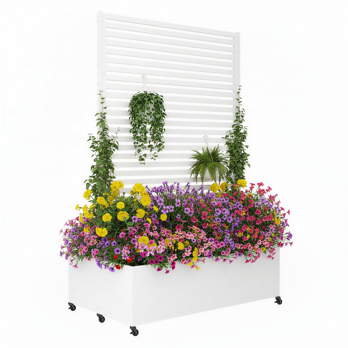 Sunnibety Double Metal Planter Box with Trellis Privacy Screen, Raised Garden Bed with Trellis & Wheels, Planter Box Outdoor with Drainage Holes for Climbing Plants, Vines,73"x 47"x 30", White