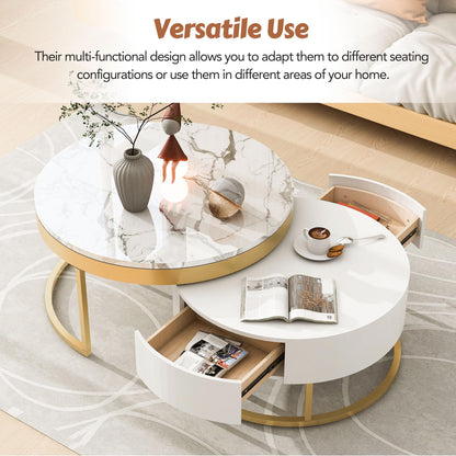 Merax 2-Piece Round Nesting Coffee Table Set with 2 Large Drawers, Marble Finish Tops & Ample Hidden Storage, Space Saving Modern Accent End Tables for Living Room, Apartment, White+Golden