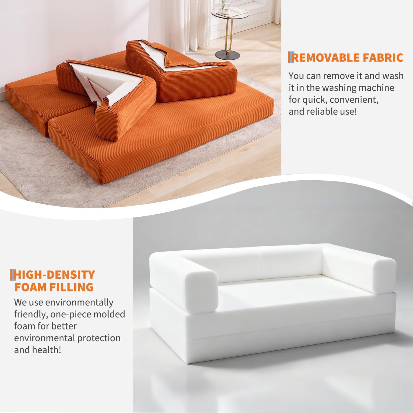 IDEALHOUSE Convertible Sofa Bed 5-in-1, 78.8 Inch Folding Futon Couch with Pull Out Bed, Corduroy Upholstered No-Assembly Loveseat Sleeper for Living Room, Bedroom, Lounge, Orange