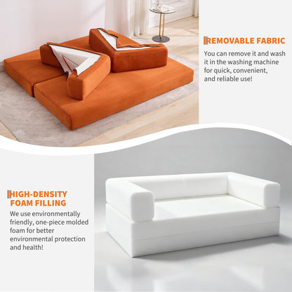 IDEALHOUSE Convertible Sofa Bed 5-in-1, 78.8 Inch Folding Futon Couch with Pull Out Bed, Corduroy Upholstered No-Assembly Loveseat Sleeper for Living Room, Bedroom, Lounge, Orange