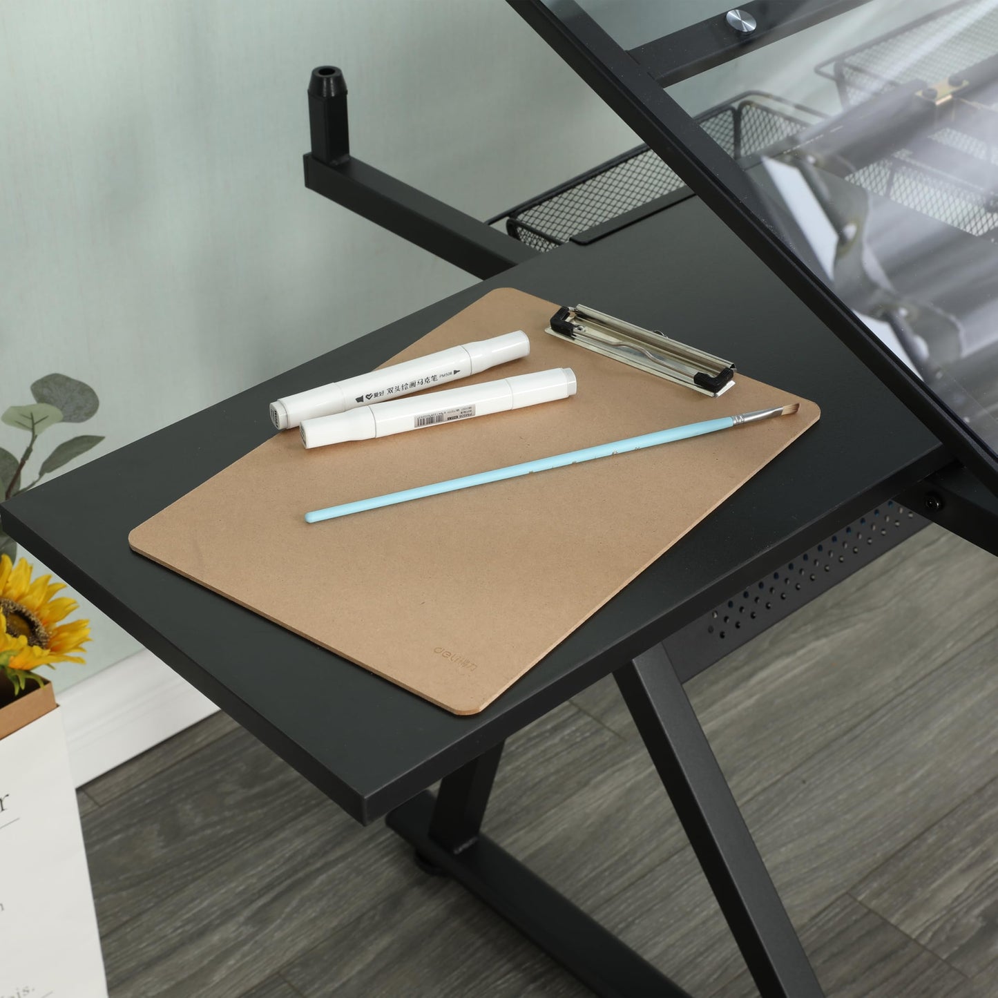 Adjustable Drafting Table with 0-75° Glass Top, Height Adjustable Standing Desk for Artists, Writing Desk for Home Office, Computer Desk with Storage, Black Long Desk for Designers & Art Students,A-1