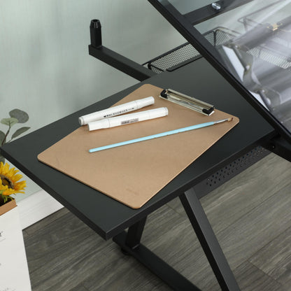 Adjustable Drafting Table with 0-75° Glass Top, Height Adjustable Standing Desk for Artists, Writing Desk for Home Office, Computer Desk with Storage, Black Long Desk for Designers & Art Students,A-1