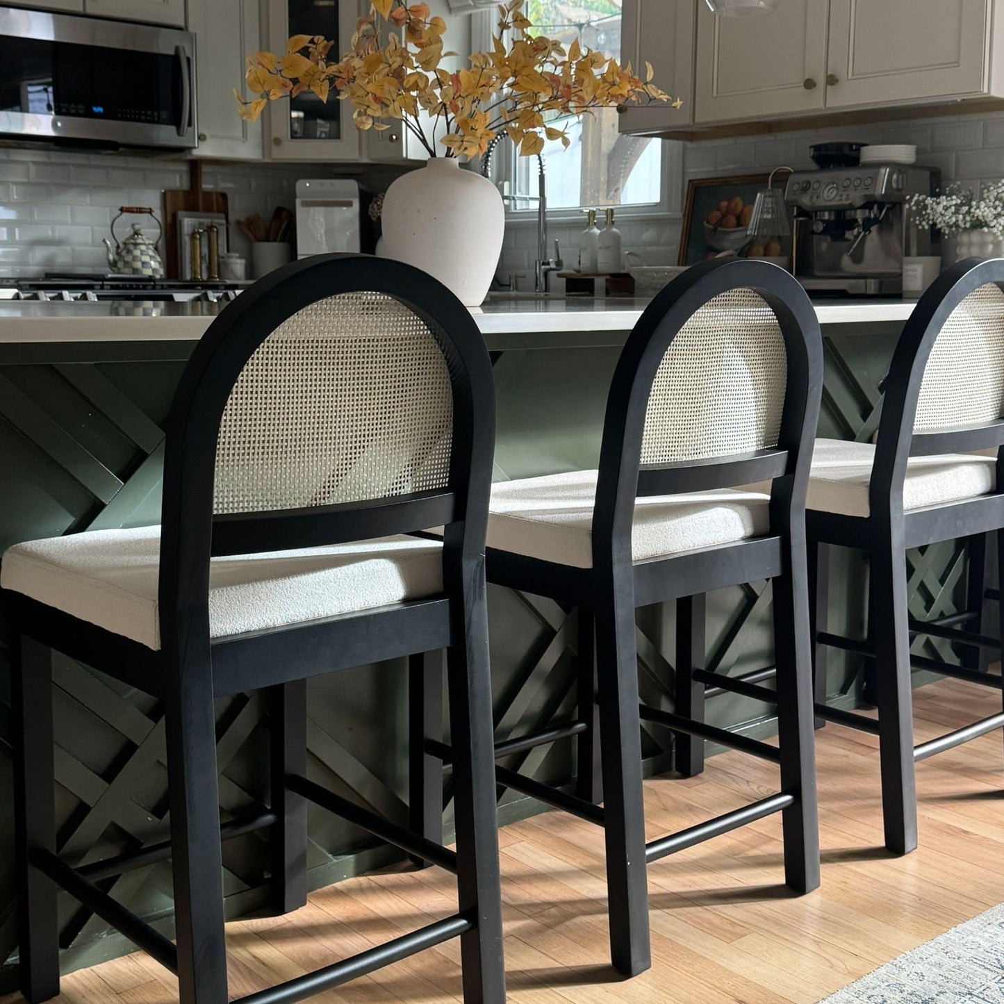Nathan James Bailey Boucle Upholstered Rattan Bar Stool, Counter Height Stool with Natural Rattan Woven Back For Kitchen Island, White/Black Oak, Set of 4