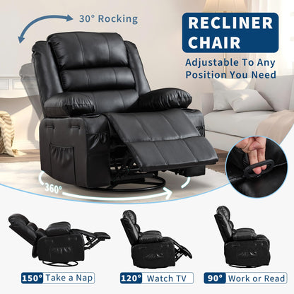 Rocker Recliner Chair for Adults Manual 360° Swivel Single Sofa Seat Glider Chair with 3 Positions 2 Side Pockets Cup Holders PU Fabric for Living Room Nursery Office