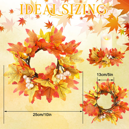 Hotop Fall Candle Rings Thanksgiving Day Ring Holder with Maple Leaves Wreath Mini Autumn Artificial for Home Table Decoration Centerpiece (4 Pieces), White