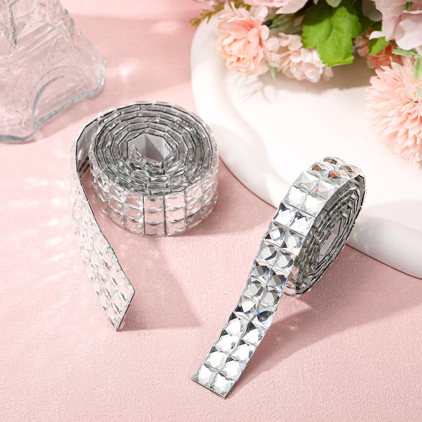 3 Yards Self Adhesive Mosaic Tiles Glass Mirror Mosaic Tiles, Multi-Faceted Diamond Sticker for Glass DIY Art Crafts Gift Decoration, 270 * 1.18 Inch