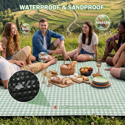 Extral Large Outdoor Waterproof Picnic Blanket With Shoulder Strap, 80"X80" 3-Layer Windproof Foldable Picnic Mat with Corner Nails, Machine Washable, Camping, Lawn Park Grass, Travel, Beach, Green